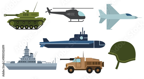 Assorted Military Vehicles and Equipment Illustration.