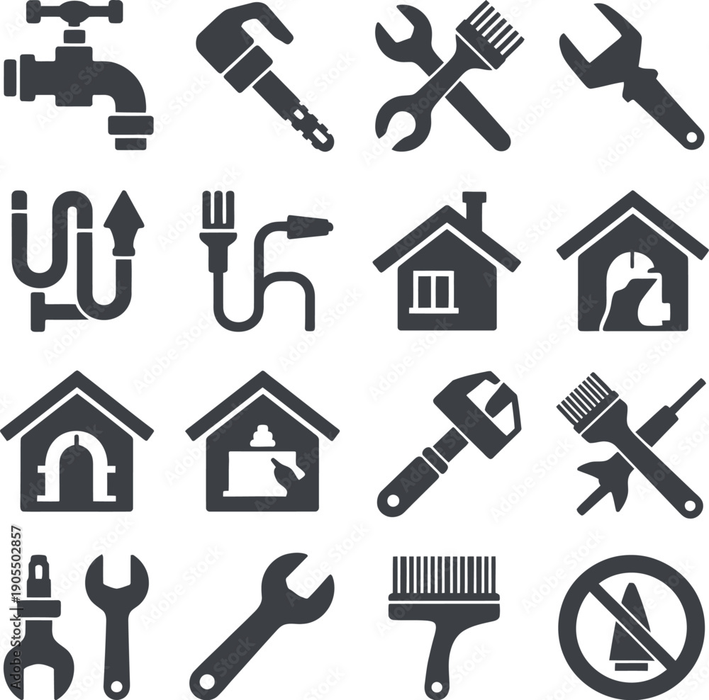 Obraz premium Collection of 16 black and white icons related to home repair and maintenance tools and symbols