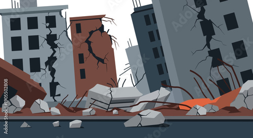 Damaged buildings after a natural disaster or earthquake destruction.