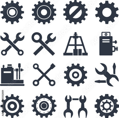 Collection of mechanical tools and gear icons for industrial and engineering purposes