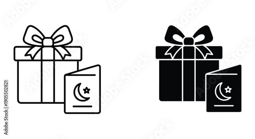 Gift box with moon and stars celebration icon set black and white vector illustration