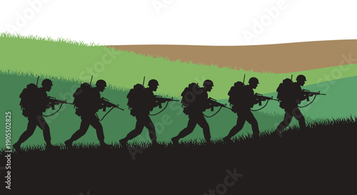 Silhouetted soldiers marching in unison across a grassy terrain.