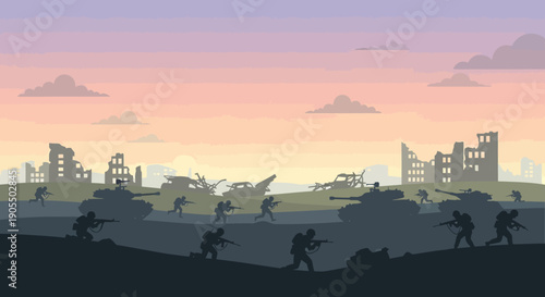 Soldiers advancing through war-torn cityscape at dusk.