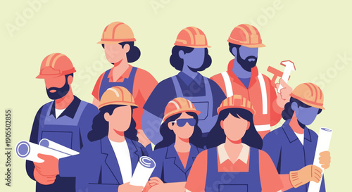 Diverse group of construction workers in hard hats and uniforms.