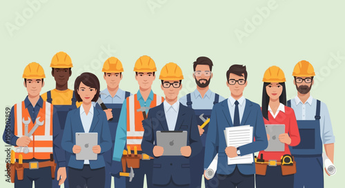 Diverse group of professionals and construction workers collaborating together.