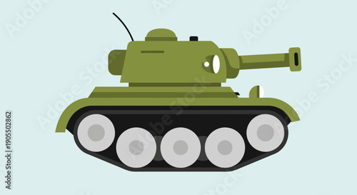 Green cartoon tank with large cannon on light blue background.