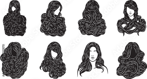Illustrations of various long curly hairstyles for women collection
