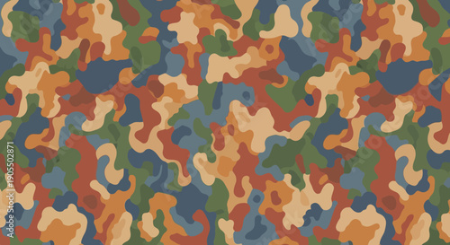 Multicolored camouflage pattern with abstract shapes.