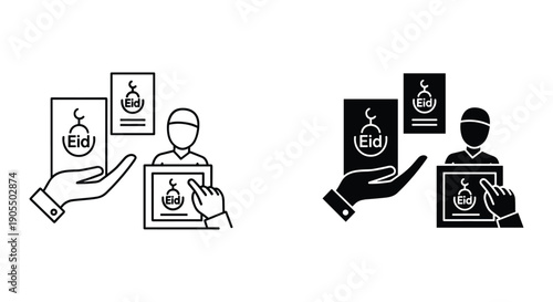 Eid Mubarak celebration with hands holding smartphone showing festive greeting card and gift box illustration