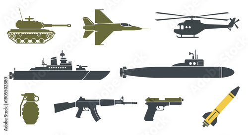Collection of Military Vehicles and Weapons.