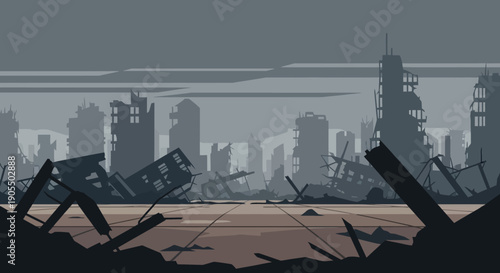 Post-apocalyptic cityscape with destroyed buildings and debris.