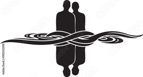Silhouette of couple with intertwined swirling lines design
