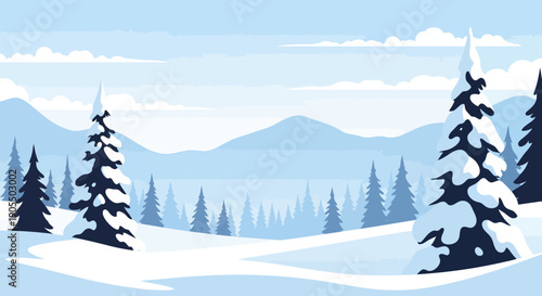 Serene Winter Landscape with Snow Covered Trees and Mountains.