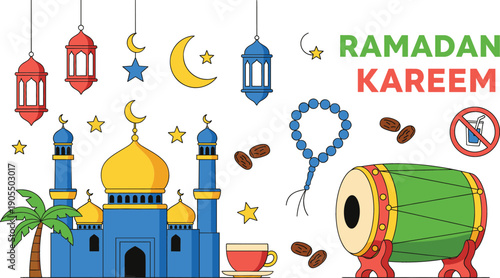 Ramadan Kareem celebration icon set featuring a blue mosque, hanging lanterns, crescent moons, prayer beads, dates, and traditional drum for Islamic holidays.