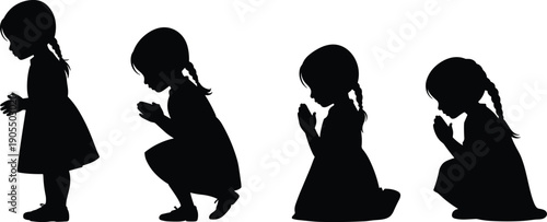 Praying child silhouettes set, little girl praying poses collection, religious prayer faith spirituality concept isolated on white background illustration design