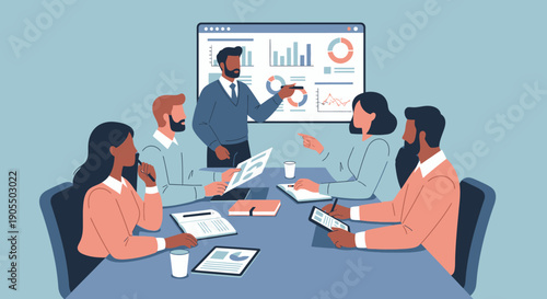 Diverse team in a business meeting discussing financial reports and graphs.