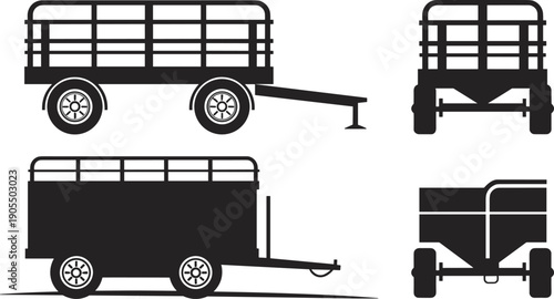 Agricultural farm trailer silhouette set, side and rear view vector icons, heavy duty harvest wagon collection isolated on white background.