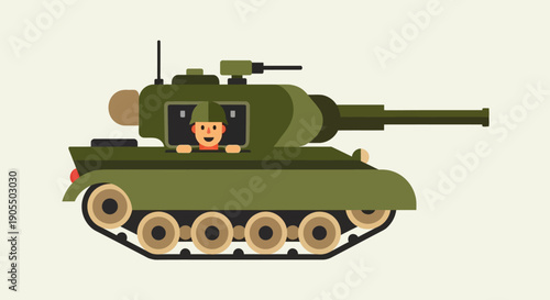 Cartoon green tank with a smiling face on a light background.