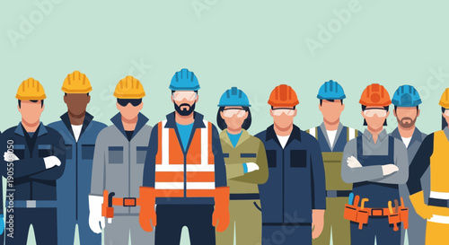 Diverse group of construction workers standing together in uniform.
