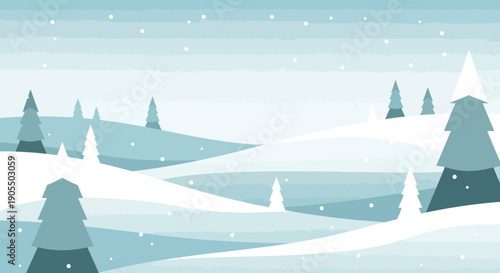 Serene Winter Landscape with Snowy Trees and Hills.