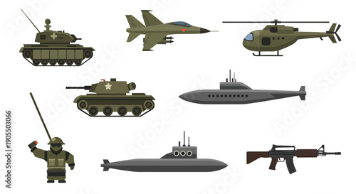 Collection of Military Vehicles and Equipment.