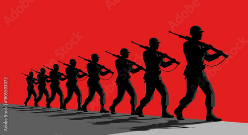 Silhouetted soldiers marching in unison against a red background.
