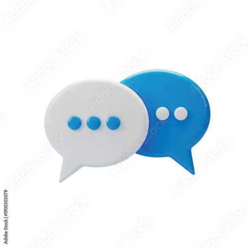 Two overlapping 3D speech bubbles on a white background; one white with blue dots, the other blue with white dots, symbolizing communication.