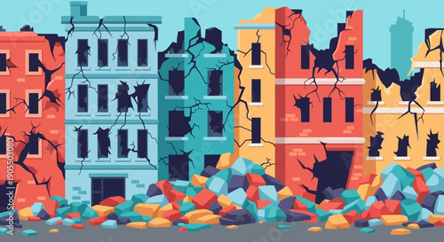 Damaged buildings with cracked walls and debris on the street.