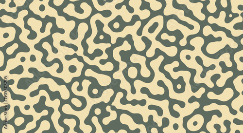 Abstract camouflage pattern with wavy shapes and beige background.