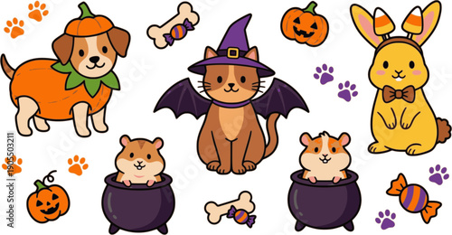 Cute pets in Halloween costumes collection with cat dog isolated on transparent background