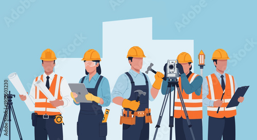 Team of surveyors and engineers working together on a construction site.