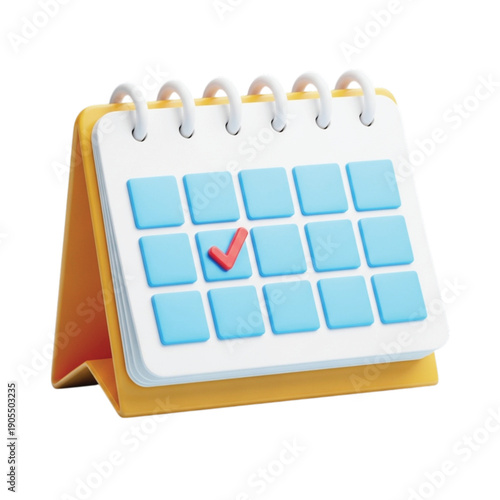 3D desk calendar with a spiral binding, showcasing a grid of blue squares. One square has a red checkmark, all set against a yellow stand.