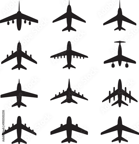 Various airplane silhouettes in different orientations and positions