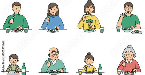 Flat vector illustration set of diverse people eating healthy meals, multi-generational characters enjoying nutritious food for family dining, nutrition, and wellness lifestyle concepts.