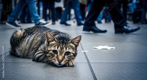 A sad tabby cat lies on a gray tiled floor amidst the feet of passersby in a busy urban setting with a somber mood.