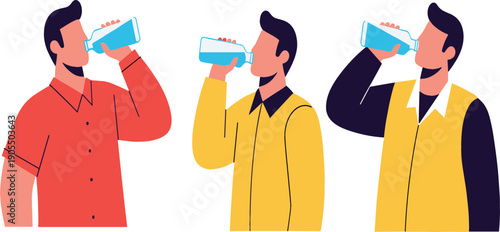 Flat vector illustration of three men drinking fresh water from glass bottles, healthy hydration habits for wellness, fitness, and workplace refreshment concepts.