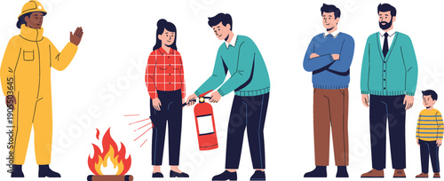 Firefighter in yellow uniform teaching diverse people how to use fire extinguisher to put out small flame, community safety training and emergency preparedness vector.