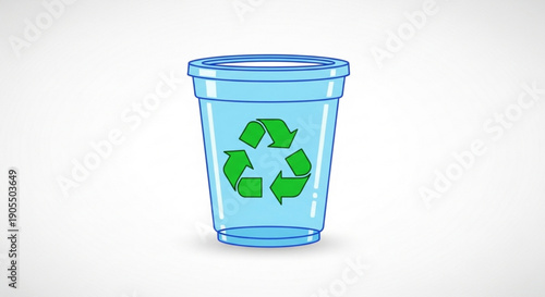 Recycling Bin with Green Recycling Symbol on Transparent Plastic Cup Isolated on White Background
