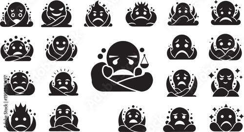 Various sad faces and emotions in black and white