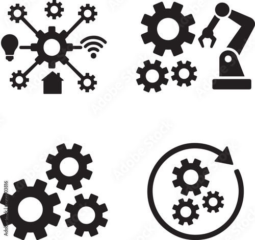 Automation gear system icons set with industrial robot settings and smart technology bundle
