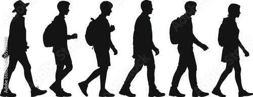 Walking people silhouettes collection, travelers and pedestrians with backpacks walking poses set isolated on white background illustration lifestyle concept