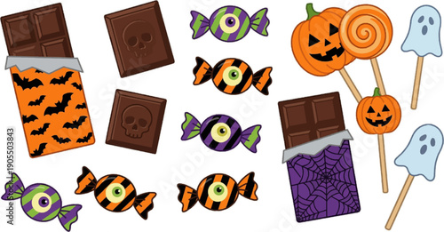 Halloween chocolate bars and candy collection isolated on transparent background