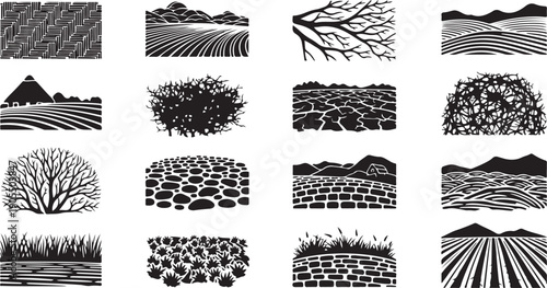 Black and white landscape patterns and textures collection
