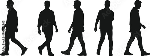 Walking man silhouettes set, male walking poses collection, casual people movement lifestyle concept isolated on white background illustration design