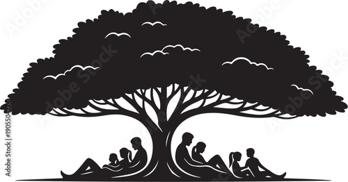 Silhouette of people relaxing under a large tree together