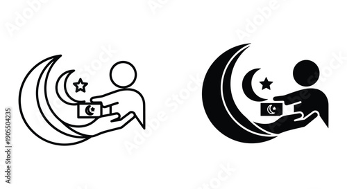 Simple Line Art Illustrations of Person Holding Pakistani Flag on Crescent Moon with Star