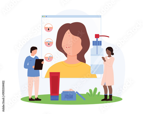 Acne treatment and skin cleansing concept with tiny people, dermatology professionals, and skincare products on isolated white background for health and beauty advice vector illustration