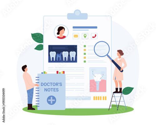 Dental professionals examining patient records and x-rays for oral health care, dental services, and treatment planning on isolated white background vector illustration