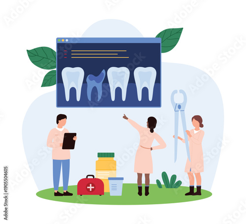 Dentists examining dental X-ray with large teeth, medical tools, and medicine on white isolated background, perfect for dental care, oral health, and medical education vector illustration