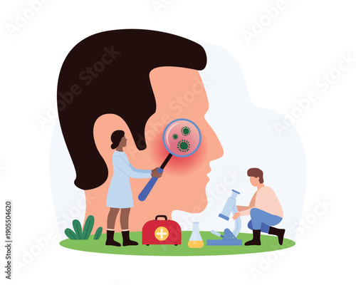 Doctors analyzing skin problems with magnifier and microscope, highlighting dermatology research, medical treatment, and skin health on isolated white background vector illustration